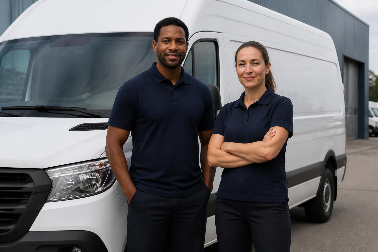 Two transportation team members standing beside a clean white commercial van at a depot