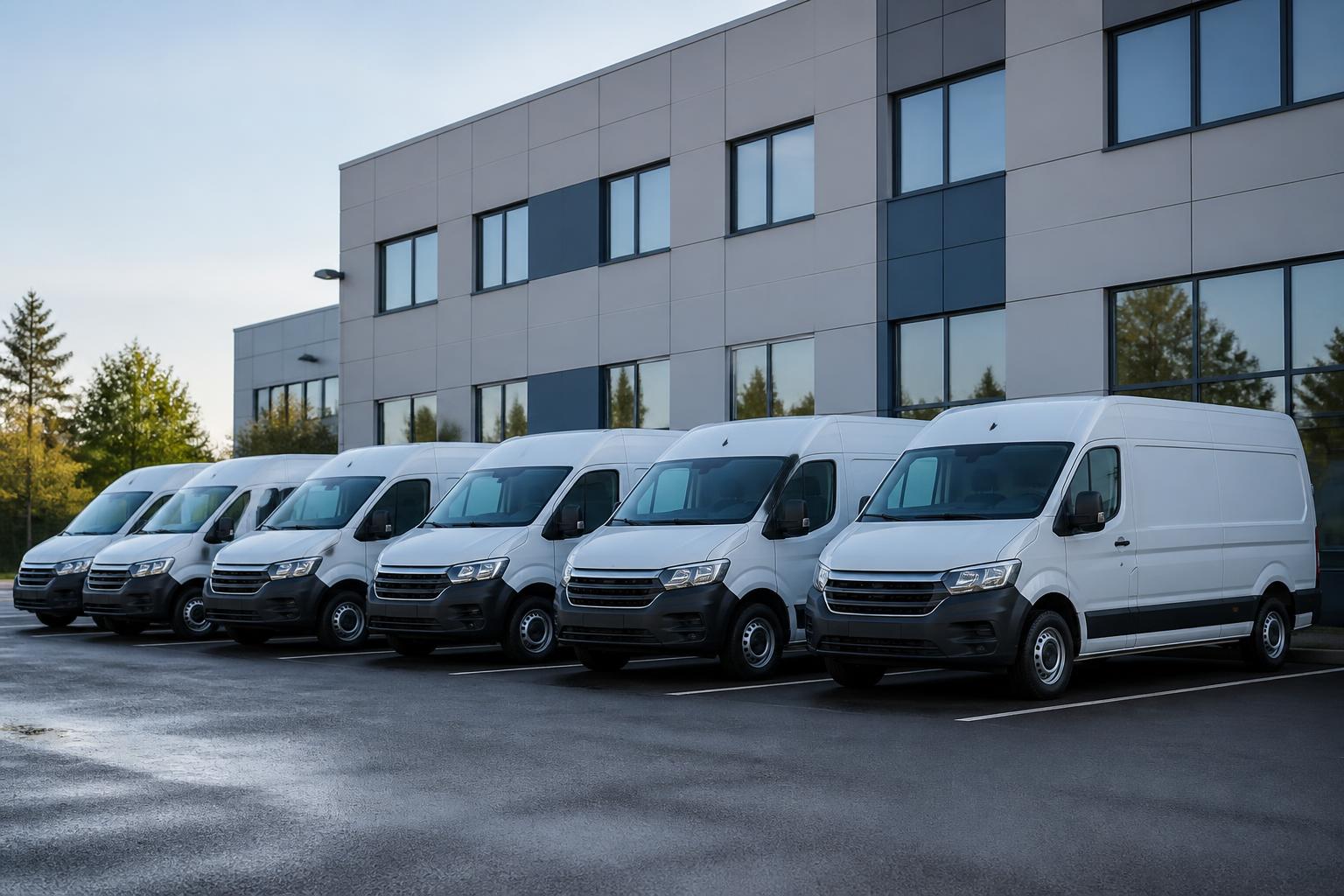 Row of clean white commercial vans parked in an organized fleet lot beside an institutional building