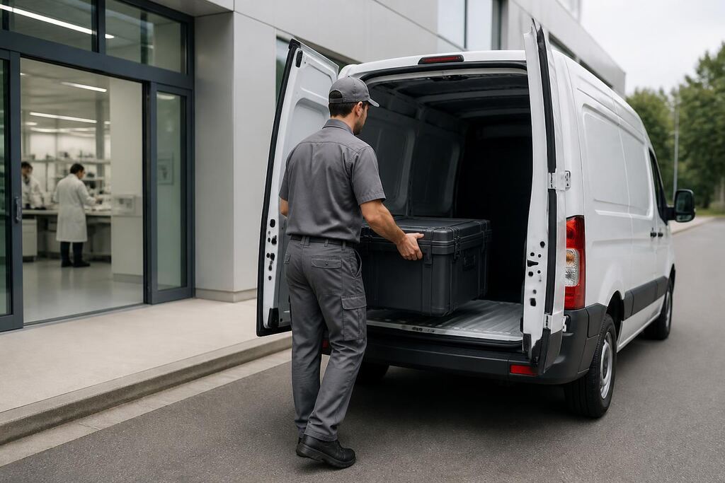 Courier loading a sealed transport case into an unmarked cargo van outside a laboratory