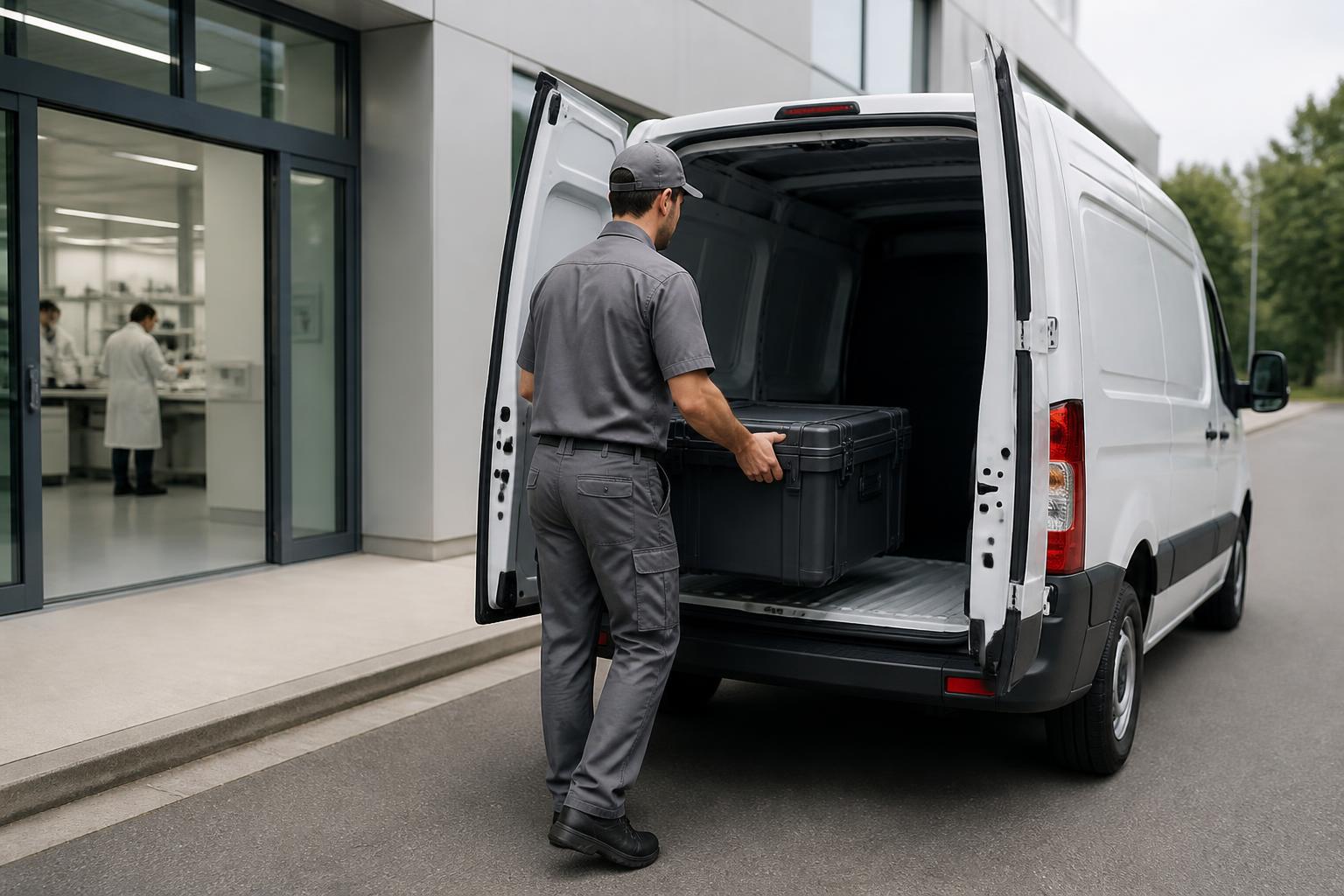 Courier loading a sealed transport case into an unmarked cargo van outside a laboratory