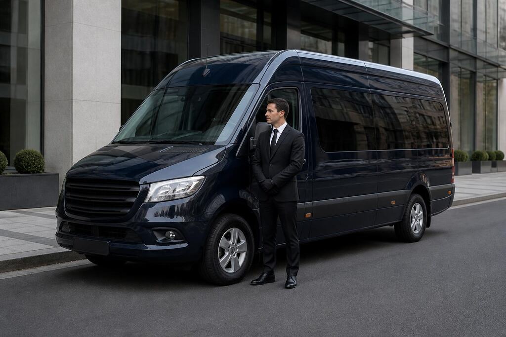 Chofer de pie junto a una camioneta de pasajeros azul marino pulida frente a un edificio moderno