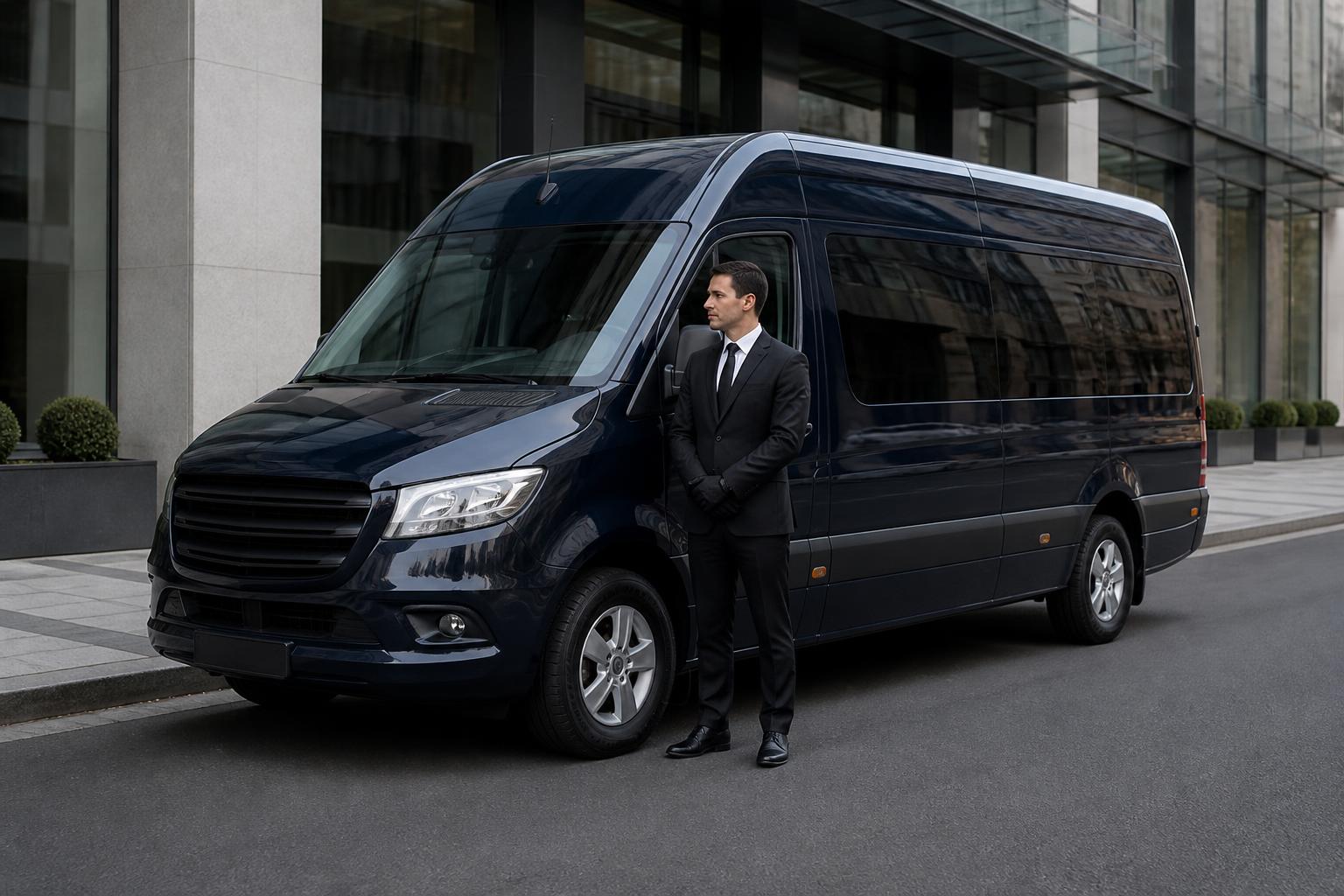Chauffeur standing beside a polished dark navy passenger van outside a modern building
