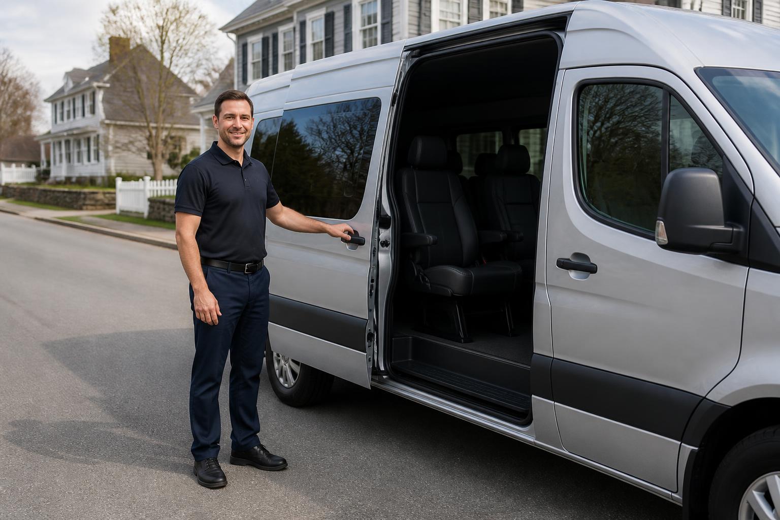 Driver holding open the side door of a large passenger van on a residential street