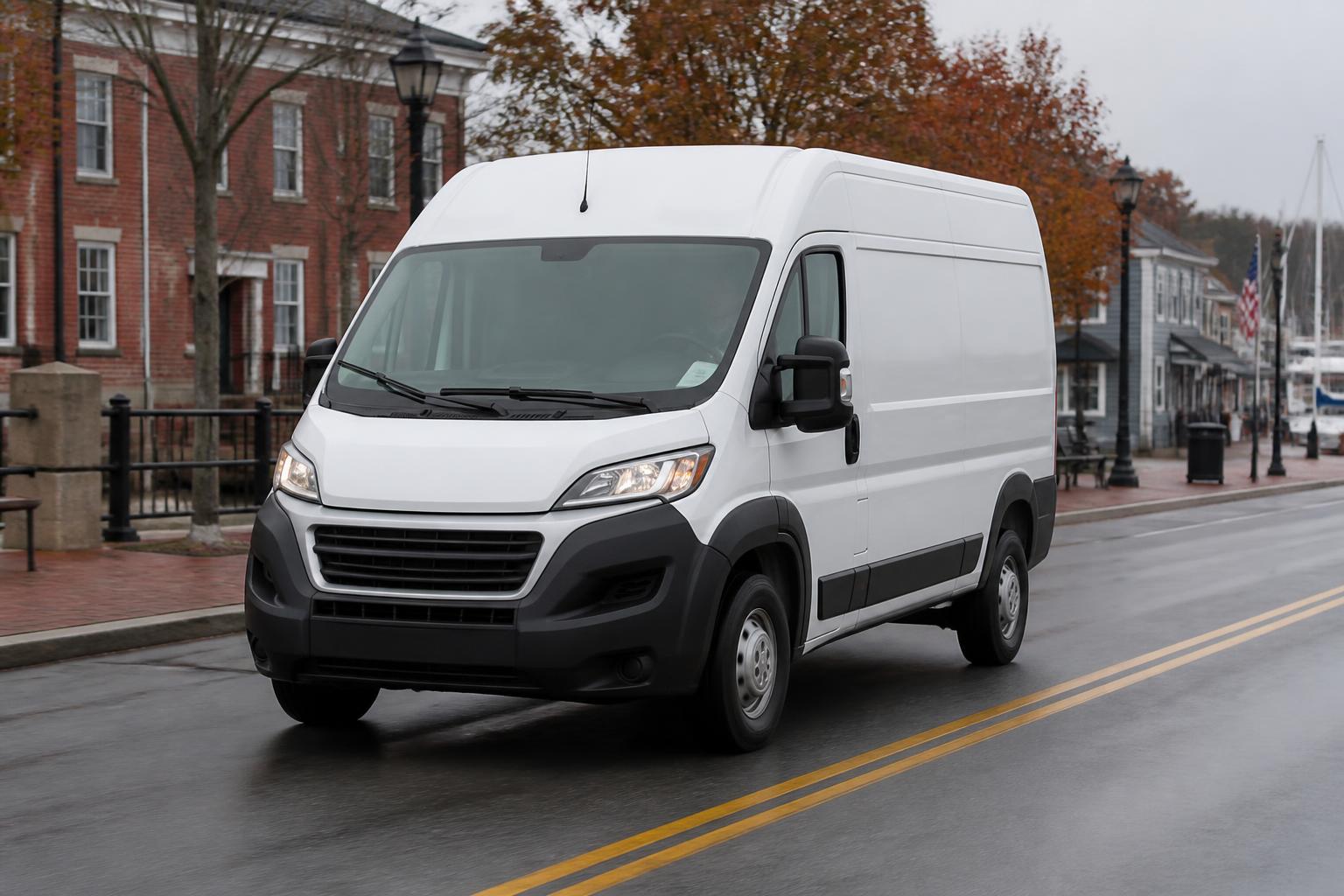 White cargo van driving through a New England town main street on an overcast day